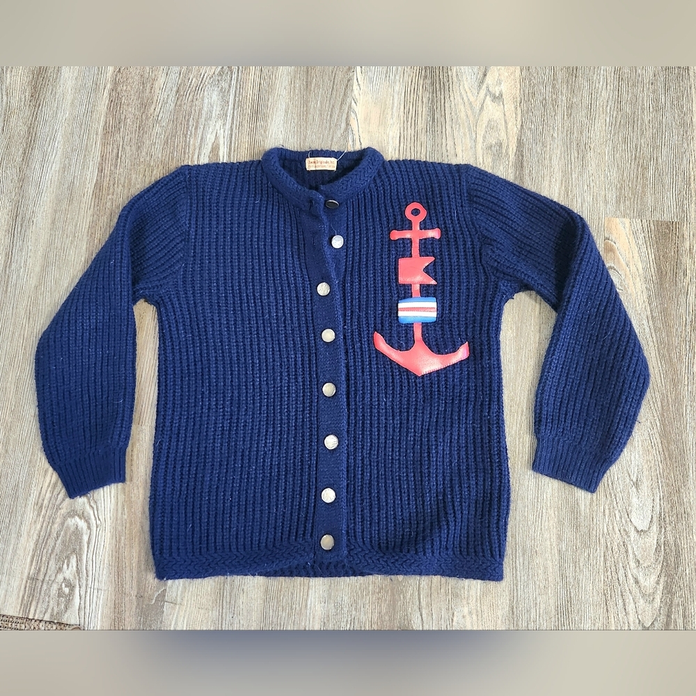 Vintage Ownen Navy Rib Knit Nautical Anchor Cardigan Sweater Button Up Womens S - Picture 6 of 11